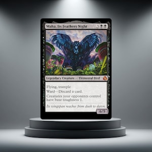 May include: A Magic: The Gathering trading card titled Maha, Its Feathers Night. The card features a dark, winged elemental bird illustration, black borders, and white text detailing its abilities, power, and toughness of 6/5 on a black background.