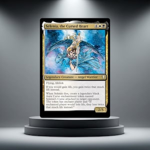 May include: A Magic: The Gathering trading card titled Selenia, the Cursed Heart. The card features an illustration of a winged angel warrior holding a sword against a blue background. The text includes abilities, power, and toughness of 2/5.