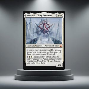 Może przedstawiać: Karta Magic: The Gathering, Mondrak, Glory Dominus, na czarnym cokole. Karta zawiera szczegółową ilustrację fortecy z czerwono-białym wzorem. Tekst zawiera nazwę karty, typ stworzenia i umiejętności.