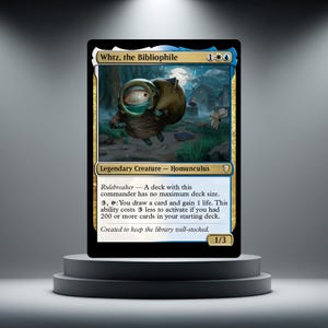 May include: A Magic: The Gathering trading card titled Whtz, the Bibliophile, featuring a fish-headed creature in a diving helmet carrying a large sack. The card text includes the name, mana cost, creature type, and game rules in English.