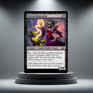 May include: A black Magic: The Gathering card featuring "Warren Soultrader." The card shows a zombie goblin wizard in purple and red robes, with a yellow goblin and glowing energy. The card text includes game instructions and flavor text.