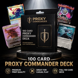 May include: A black box labelled Proxy Commander containing a 100 card proxy commander deck with a gold sword and shield logo. The box is surrounded by four fantasy trading cards featuring characters like Vivi, Krenko, The Ur-Dragon, and Sephiroth.