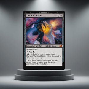 Può includere: Una carta di Magic: The Gathering intitolata "The Soul Stone" con un'illustrazione cosmica di mani che tengono un globo luminoso. La carta è un Artefatto Leggendario - Infinity Stone con testo che descrive le sue abilità.