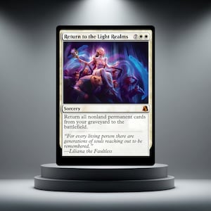 May include: A Magic: The Gathering trading card titled Return to the Light Realms. The card features a sorcery spell with a cost of 7WW, depicting a central figure in white robes holding a staff, surrounded by ethereal blue spirits and figures.