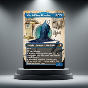 May include: A Magic: The Gathering card showing "Wan Shi Tong, Librarian." The card art features a blue bird spirit with a white face, set against a backdrop of scrolls and a library. The card text includes "Legendary Creature - Bird Spirit" and other game details.