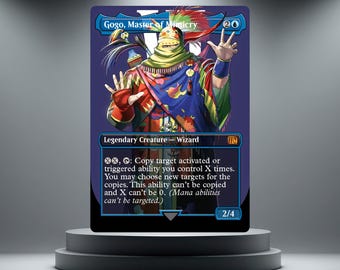 May include: A collectible trading card titled Gogo, Master of Mimicry, featuring a colourful character in a patterned robe and headpiece. The card text details a legendary creature wizard with blue and black borders, mana symbols, and ability text.