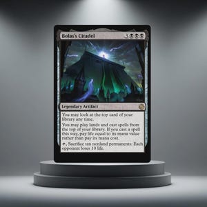 May include: A black Magic: The Gathering card labelled "Bolas's Citadel." The card shows a dark illustration of a fortress with green and blue accents. Text includes "Legendary Artifact" and game instructions. The card is displayed on a grey pedestal.