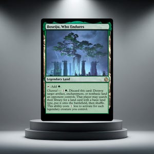 May include: A Magic: The Gathering trading card titled Boseiju, Who Endures. The card features a green border, a legendary land type, and artwork depicting a large tree over dark pillars. The text box details the channel ability and mana cost.