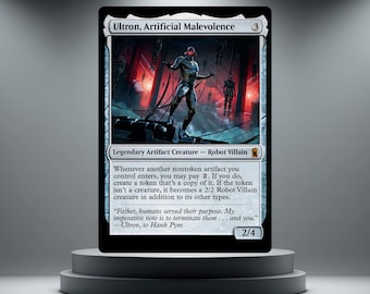 May include: A Magic: The Gathering trading card titled Ultron, Artificial Malevolence. The card features a metallic robot figure with glowing red eyes in a dark, industrial setting with red lighting. It is a Legendary Artifact Creature card.