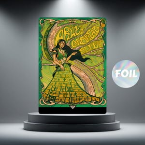 May include: A green and gold fantasy art card featuring a woman in a green dress with long black hair. The card has the text "Arwen, Mortal Queen" and other text. A foil sticker is on the right side.