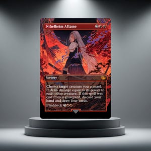 May include: A rectangular trading card titled Nibelheim Aflame featuring a character with long white hair and a sword against a vibrant red and black background. The card text describes a sorcery spell with a flashback cost and game mechanics.