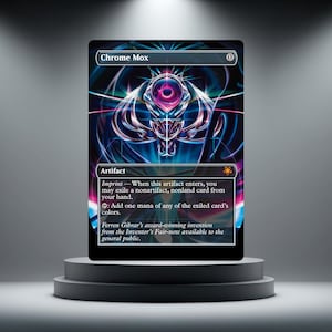 May include: A rectangular trading card titled Chrome Mox featuring a central metallic, chrome-like emblem with glowing pink and blue light streaks against a dark background. The card text includes the word Artifact and game rules.