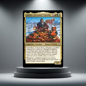 May include: A Magic: The Gathering trading card titled Jandor, Fortuned Traveler. The card features a bearded human sitting at a table filled with food in a snowy landscape. The text includes game rules, the creature type, and power/toughness 2/4.