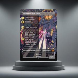 May include: A collectible card with the text "Summon: Bahamut" and a dragon illustration. The card has a black border and includes game instructions. The dragon is depicted in shades of purple and blue, with a burst of pink light.