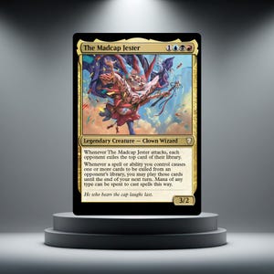 May include: A Magic: The Gathering trading card titled The Madcap Jester, featuring a colourful clown wizard illustration, gold border, and text detailing the creature's abilities, power of 3, toughness of 2, and the flavour text He who bears the cap laughs last.
