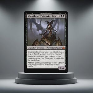 May include: A black Magic: The Gathering card featuring Sheoldred, Whispering One. The card has a dark illustration of a creature with text describing its abilities. The card is displayed on a grey pedestal.
