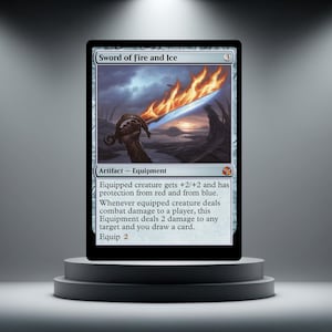 May include: A Magic: The Gathering card, "Sword of Fire and Ice", is shown on a plinth. The card depicts a sword with fire and ice elements. The text details the card's abilities as an artifact equipment, with measurements in cm.