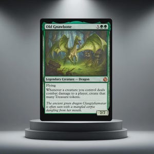 May include: A green Magic: The Gathering card featuring "Old Gnawbone," a legendary dragon. The card has a green border and includes text describing the creature's abilities and lore. The dragon illustration shows a green dragon in a forest setting.