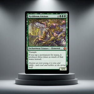 May include: A green Magic: The Gathering card, "Nyxbloom Ancient," with an illustration of a tree-like elemental. The card text includes "Trample" and other game mechanics. The card is displayed on a grey pedestal.