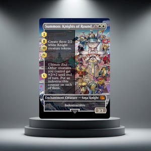 Puede incluir: Una carta de Magic: The Gathering titulada "Summon: Knights of Round". La carta presenta ilustraciones coloridas de caballeros y una figura central. El texto incluye instrucciones y estadísticas, con el poder y la resistencia de la criatura indicados como 3/3.