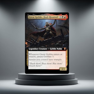 May include: A Magic: The Gathering trading card titled Great Goblin, Foul-Hearted. The card features a goblin character in a red cape standing on a wooden barricade. The text includes the card name, mana cost, creature type, game rules, and the quote: Slash them! Beat them! Bite them! Gnash them! The card has a power and toughness of 3/3.