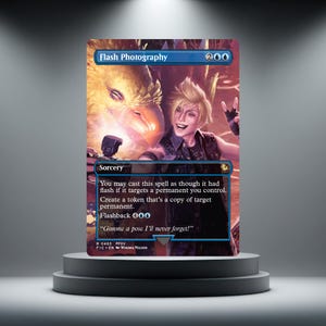May include: A rectangular trading card titled Flash Photography featuring a blonde character holding a camera next to a large yellow bird. The card text includes Sorcery, You may cast this spell as though it had flash, Create a token, and Flashback.
