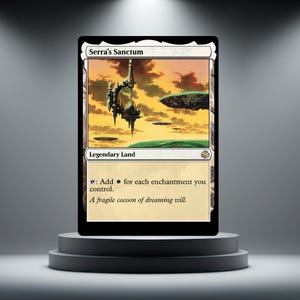 May include: A collectible card with the text "Serra's Sanctum" and "Legendary Land." The card shows a fantasy landscape with a floating structure and the text "Add for each enchantment you control."