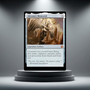May include: A Magic: The Gathering trading card titled Akroma's Memorial, a legendary artifact. The card features an illustration of a winged figure holding a glowing sword, with text detailing game abilities and the quote, No rest. No mercy.