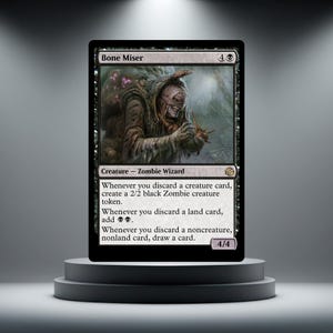 May include: A black Magic: The Gathering card named "Bone Miser." The card shows a robed, zombie-like figure. Text details its abilities, such as creating zombie tokens and drawing cards. The card is presented on a small, tiered pedestal, with a 4/4 power and toughness.