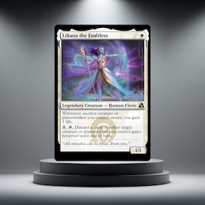 May include: A collectible trading card titled Liliana the Faultless, a white-bordered Legendary Creature Human Cleric. The artwork depicts a figure in flowing robes holding a staff amidst purple energy. Text includes game rules and the quote All mistakes can be fixed. Even you. with a 1/1 power and toughness rating.