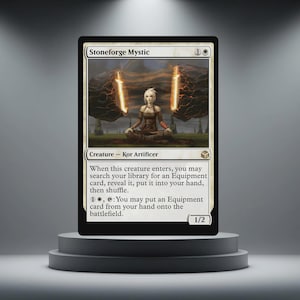 May include: A Magic: The Gathering card named "Stoneforge Mystic" showing a seated figure with glowing energy. The card has a white border and game text. The creature is a Kor Artificer with a power and toughness of 1/2.