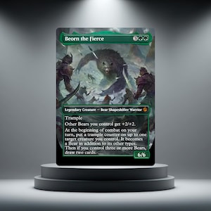 May include: A Beorn the Fierce trading card featuring a dark, atmospheric battle scene with a large bear shapeshifter warrior in the centre. The card text includes the name, mana cost, creature type, and game abilities printed in white on a dark background.