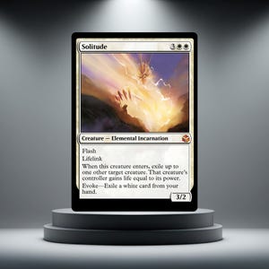 May include: A Magic: The Gathering trading card titled Solitude, featuring a white Elemental Incarnation creature illustration. The card text includes Flash, Lifelink, and Evoke abilities, with a power and toughness of 3/2 and a mana cost of 3**.