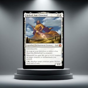May include: A Magic: The Gathering card featuring Heliod, Sun-Crowned. The card shows a golden-robed figure with a spear, set against a landscape with a blue sky. The card text describes the creature's abilities and stats.