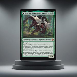 May include: A Magic: The Gathering card featuring Vorinclex, Monstrous Raider. The card has a green border and depicts a monstrous creature with a white, spiky head and red body. Text includes creature type, abilities, and power/toughness.