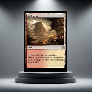May include: A Magic: The Gathering card named "Arid Mesa." The card displays a landscape illustration of rock formations under a red and brown sky. It is a land card, with instructions printed below the image.