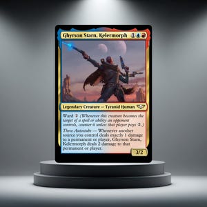 May include: A rectangular trading card titled Ghyrson Starn, Kelermorph featuring a character holding two futuristic pistols against a desert landscape with two moons. The card text includes Ward 2 and Three Autostubs abilities with 3/2 power.