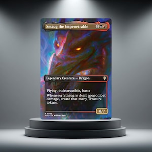 May include: A Magic: The Gathering trading card titled Smaug the Impenetrable, featuring a dragon with glowing orange eyes. The card text includes Flying, indestructible, haste, and the ability to create Treasure tokens. It has an 8/7 power and toughness.