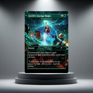 Może przedstawiać: Prostokątna karta kolekcjonerska zatytułowana Aerith's Curaga Magic, przedstawiająca ilustrację fantasy kobiety w białej sukni i mężczyzny z blond kolcami włosów pośród wirującej niebieskiej energii magicznej, z tekstem gry i zielonym symbolem many.