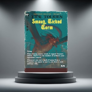 May include: A rectangular trading card featuring a red dragon illustration on a teal background. The text reads J.R.R. Tolkien, Smaug, Wicked Worm, and includes game rules regarding Treasure tokens, flying, and card drawing with a 5/5 power and toughness.