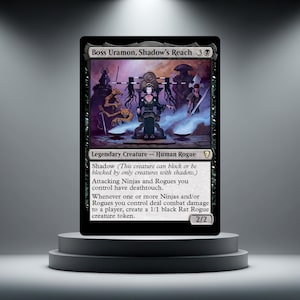 May include: A black Magic: The Gathering trading card titled Boss Uramon, Shadow's Reach. The artwork depicts a figure in a dark robe sitting on a throne, surrounded by shadowy creatures. The card text details abilities for Ninjas and Rogues.