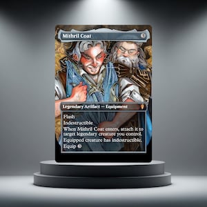 May include: A rectangular trading card titled Mithril Coat featuring an illustration of two figures, one wearing a blue garment. The card text includes Legendary Artifact, Equipment, Flash, Indestructible, and game mechanics with a cost of 3.
