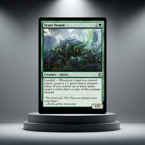 May include: A Scute Swarm trading card featuring a green insect creature illustration, the text Scute Swarm, Landfall, and the flavour text Survival rule 782: There are always more scute bugs. The card has a 1/1 power and toughness rating.
