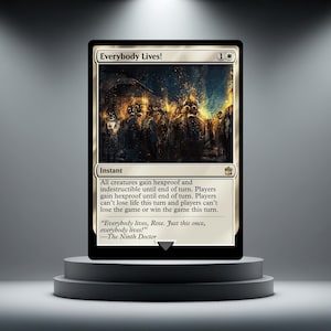 May include: A rectangular trading card titled Everybody Lives! featuring a dark, atmospheric illustration of figures in gas masks amidst golden sparks. The card text details game rules and includes a quote by The Ninth Doctor, Rose. Just this once.