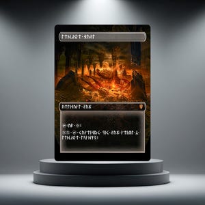 Peut inclure: Une carte à collectionner rectangulaire présentant une illustration de fantasy sombre d'une caverne enflammée remplie de trésors en or. La carte possède une bordure noire, un encadré supérieur avec des runes et un encadré inférieur avec du texte runique.