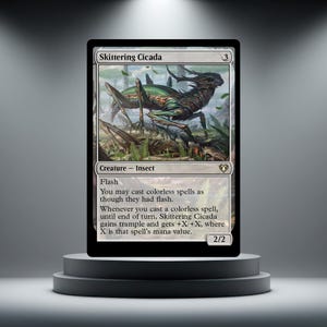 May include: A Skittering Cicada trading card featuring a green and brown insect creature in a forest setting. The card text includes the name, mana cost 3, creature type insect, and rules text describing flash and trample abilities with 2/2 stats.