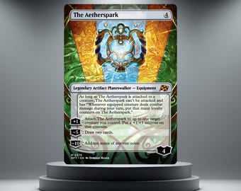 May include: A Magic: The Gathering trading card titled The Aetherspark, featuring a stained-glass style illustration of a glowing blue artifact. The card text details abilities for a Legendary Artifact Planeswalker Equipment.