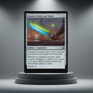 May include: A Magic: The Gathering card named "Sword of Body and Mind." The card shows a fantasy illustration of a glowing green and blue sword. The card is an artifact-equipment with text describing its abilities.