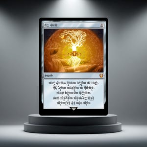 May include: A rectangular trading card featuring a central illustration of a glowing golden ring beneath a white tree against a large orange sun. The card has a white border, a black frame, and text written in a stylised script across the bottom section.