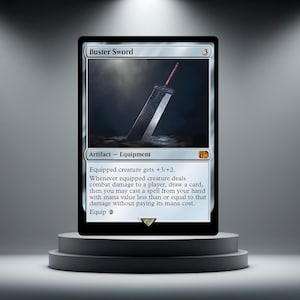 May include: A trading card depicting the Buster Sword, an artifact equipment. The card has a silver border and shows an image of the sword. Text on the card details its abilities, including a +3/+2 bonus and card draw.